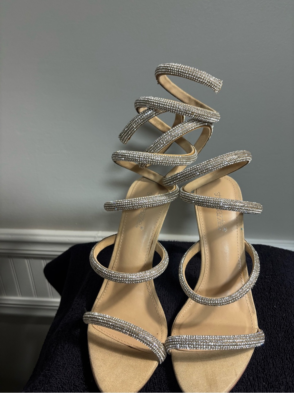 Shoe Dazzle Silver Crystal Spiral-Strap Stiletto Sandals